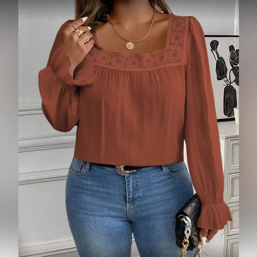 Elegant Red Lace Trim Women's Top